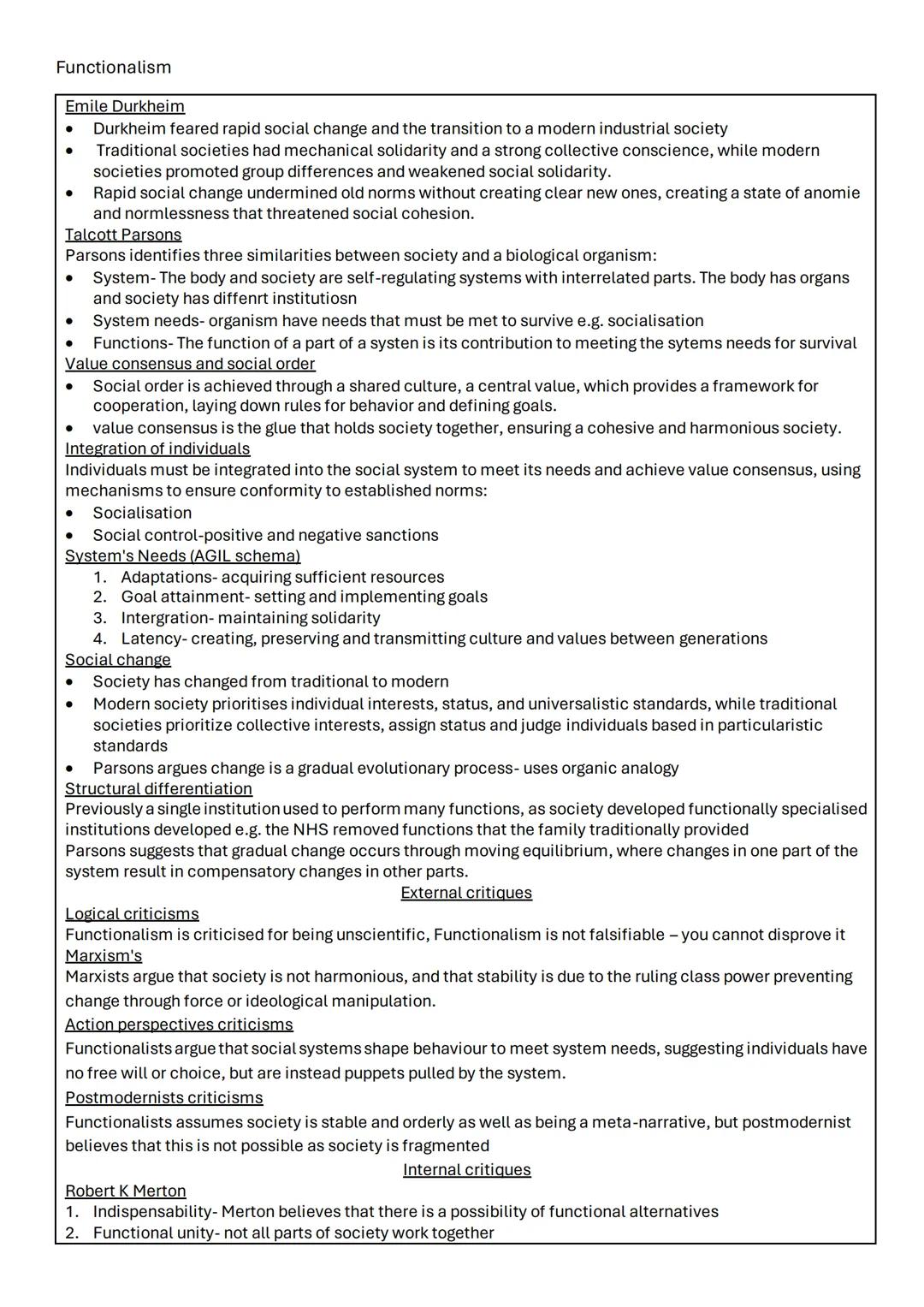Functionalism
Emile Durkheim
Durkheim feared rapid social change and the transition to a modern industrial society
Traditional societies had