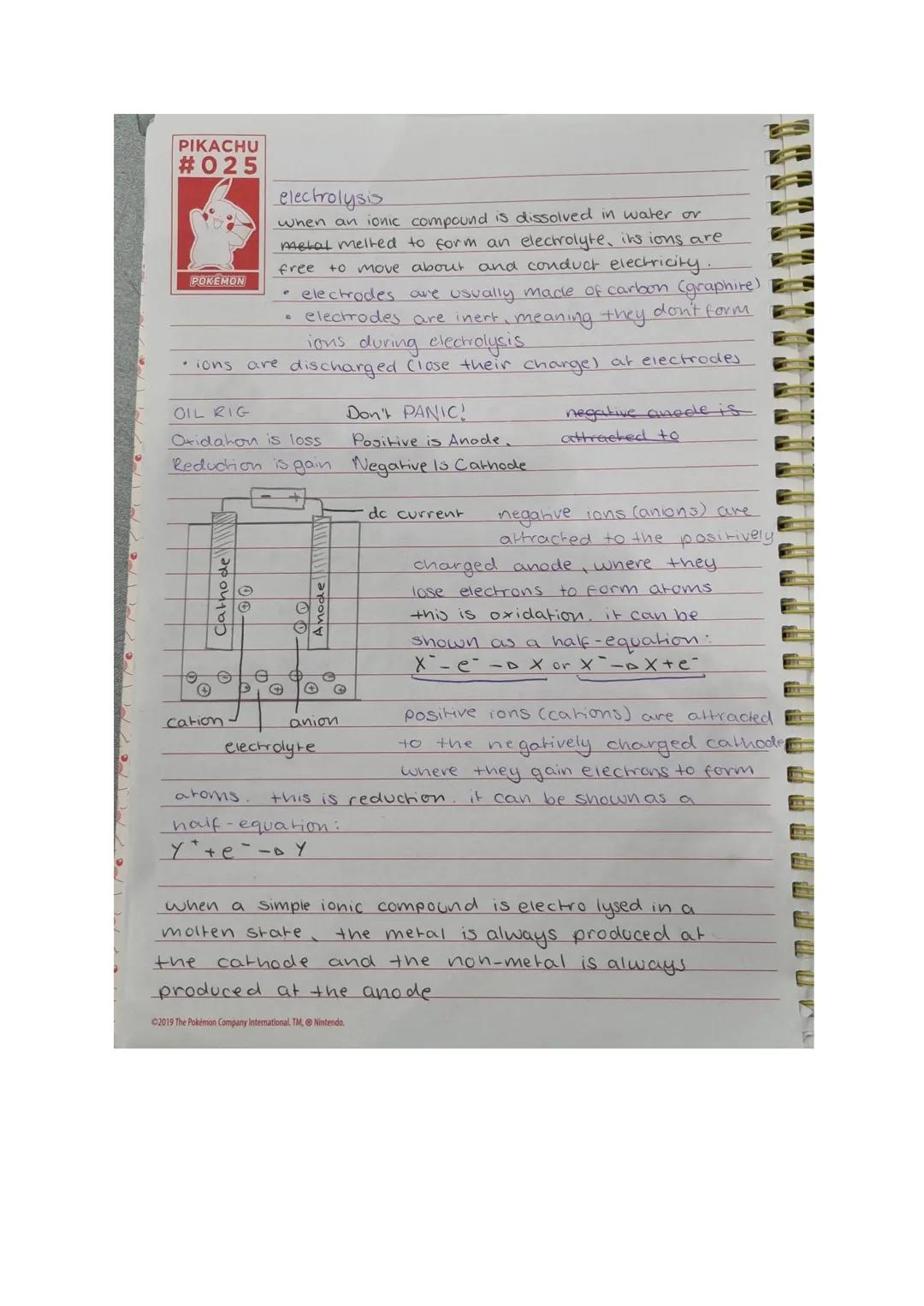 PIKACHU
#025

POKEMON

electrolysis
when an ionic compound is dissolved in water or
mchat melted to form an electrolyte, ins ions are
free t