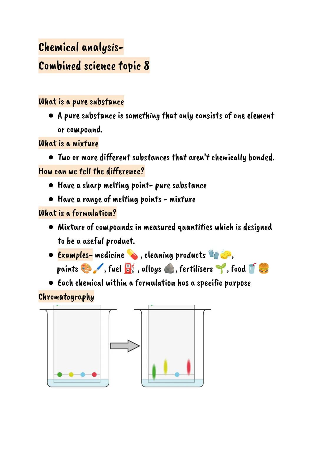 # Chemical analysis-
Combined science topic 8
What is a pure substance
• A pure substance is something that only consists of one element
or 