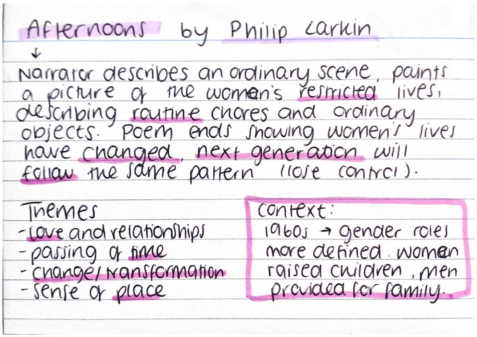 Afternoons by Philip carkin
↓
lives,
Narrator describes an ordinary scene, paints
a picture of the women's restricted
describing routine cho