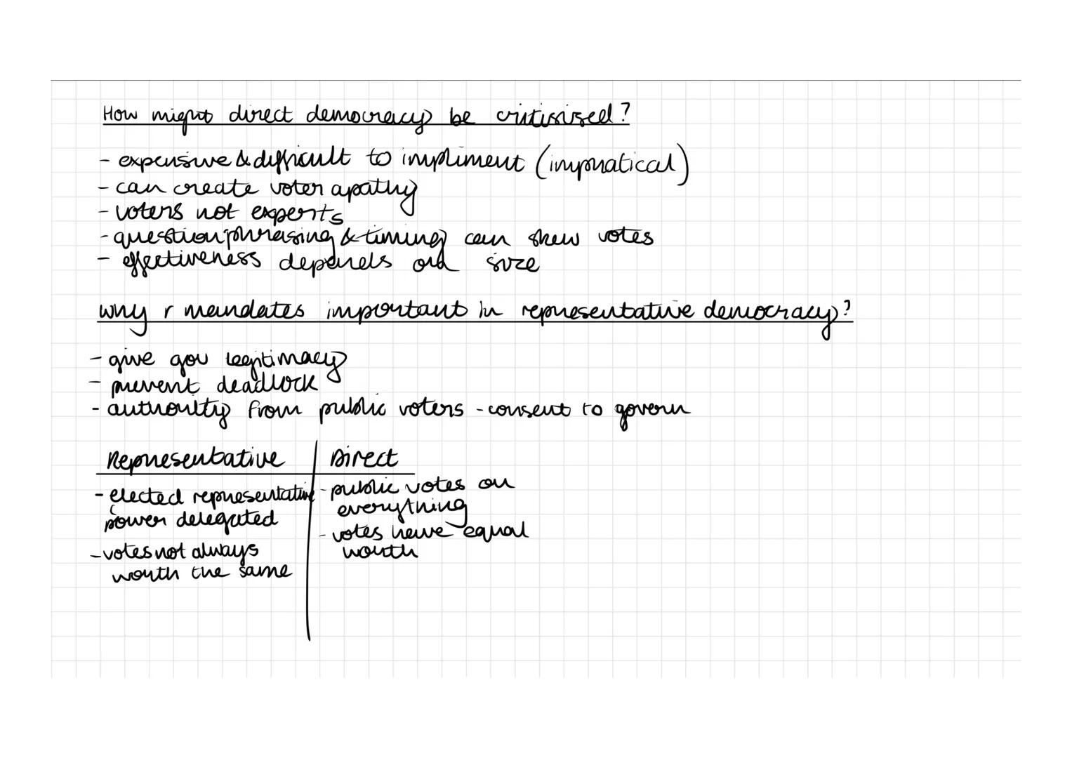 How migrot direct democracy be critisisel?
- expensive & difficult to impliment (impratical)
- can create voter apathy
- voters not experts
