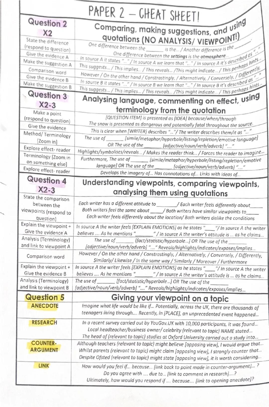 English Language paper 2 sentence structures 