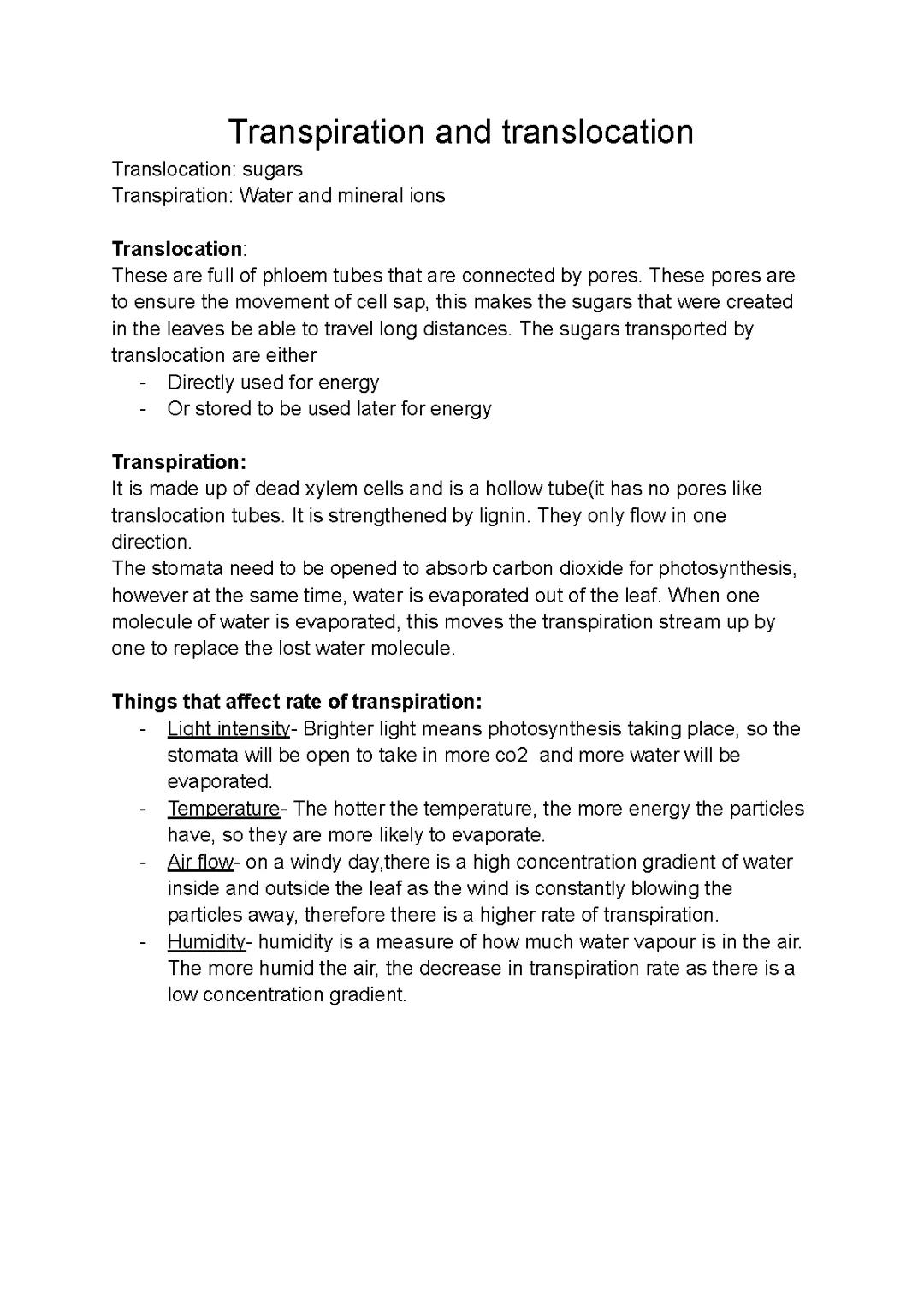 Transpiration and translocation