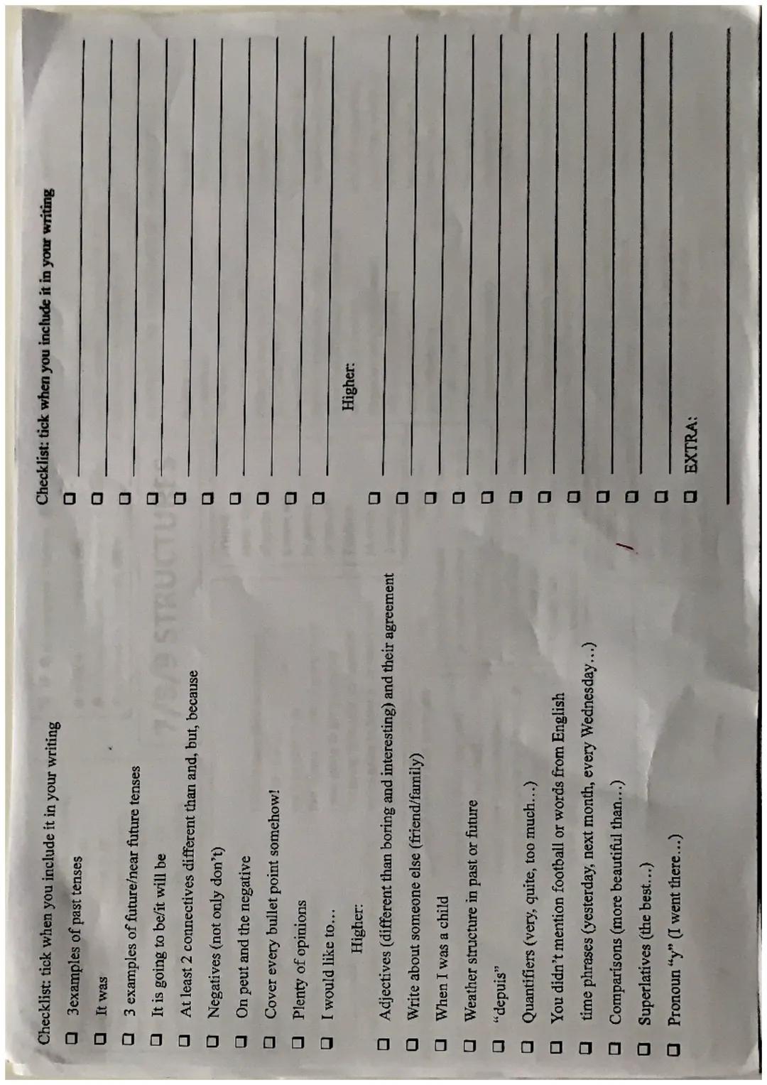 Checklist: tick when you include it in your writing
- 3examples of past tenses
- It was
- 3 examples of future/near future tenses
- It is go