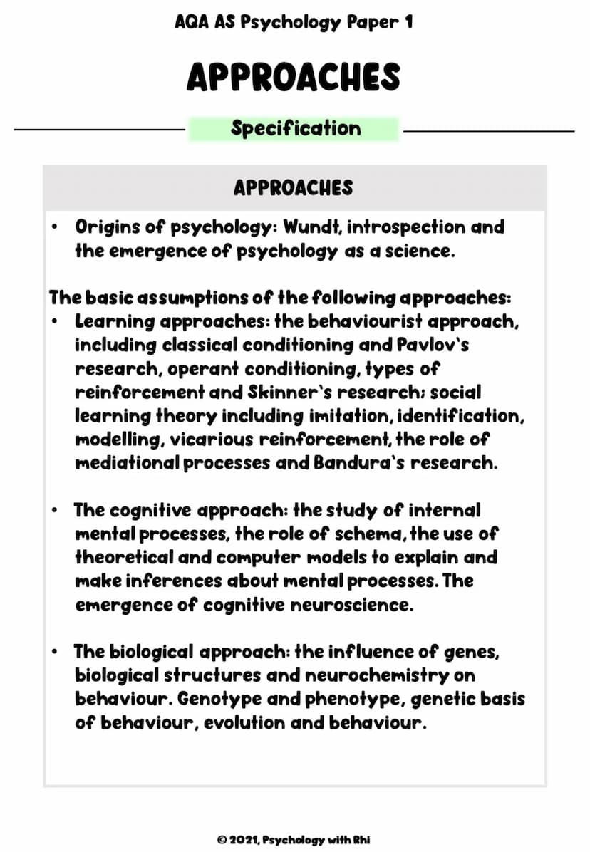 AQA AS Psychology Paper 1
APPROACHES
AS Revision Notes
M
Ⓒ2021, Psychology with Rhi ●
AQA AS Psychology Paper 1
APPROACHES
Specification
●
A