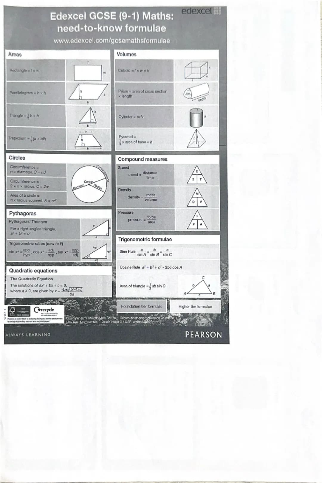 Areas
Edexcel GCSE (9-1) Maths:
need-to-know formulae
www.edexcel.com/gcsemathsformulae
Volumes
Rectangle 1x w
Cubold-/xwxh
w
Parallelogram=