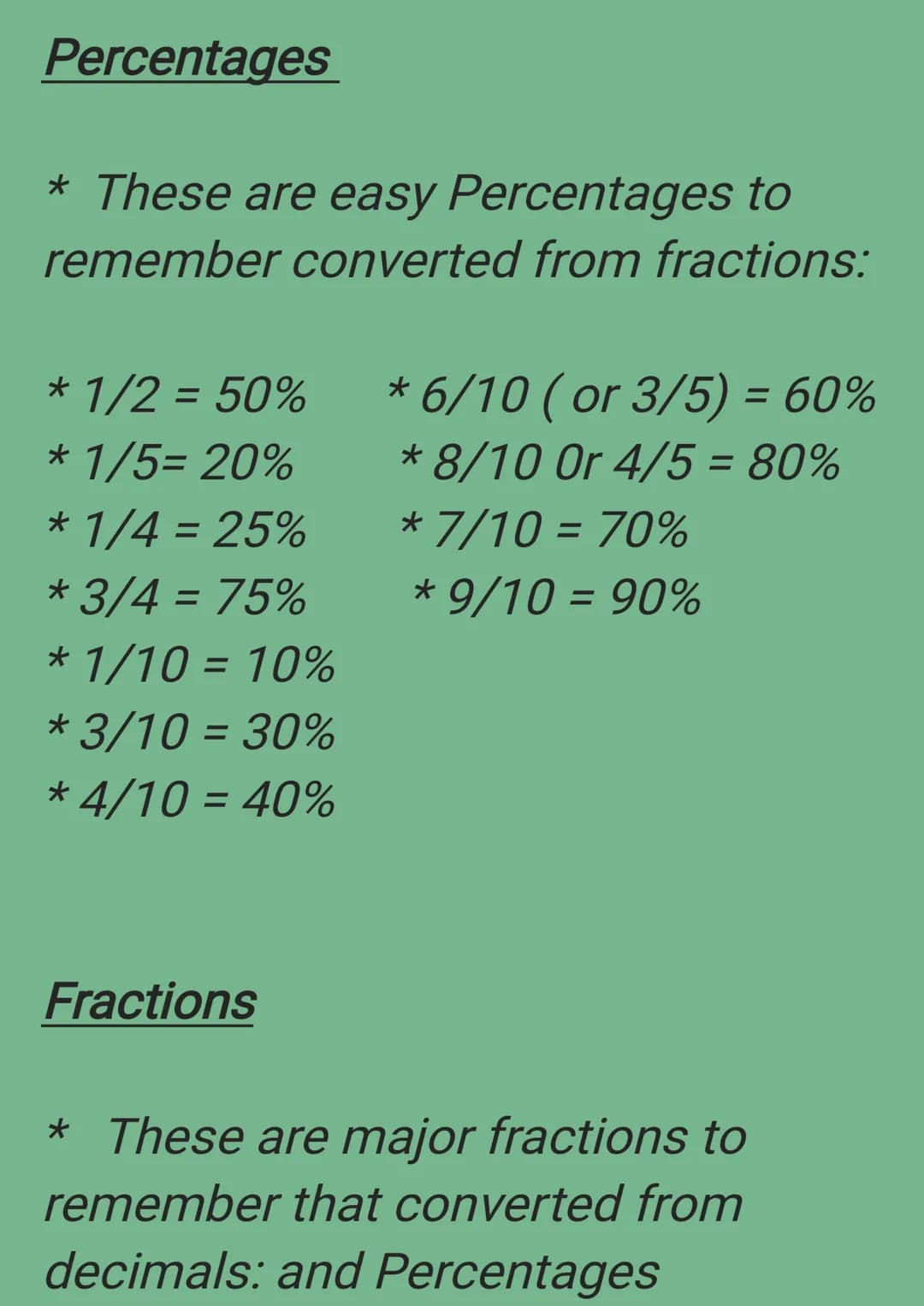 Percentages
* These are easy Percentages to
remember converted from fractions:
* 1/2 = 50%
* 1/5= 20%
* 1/4 = 25%
* 3/4 = 75%
* 1/10 = 10%
*