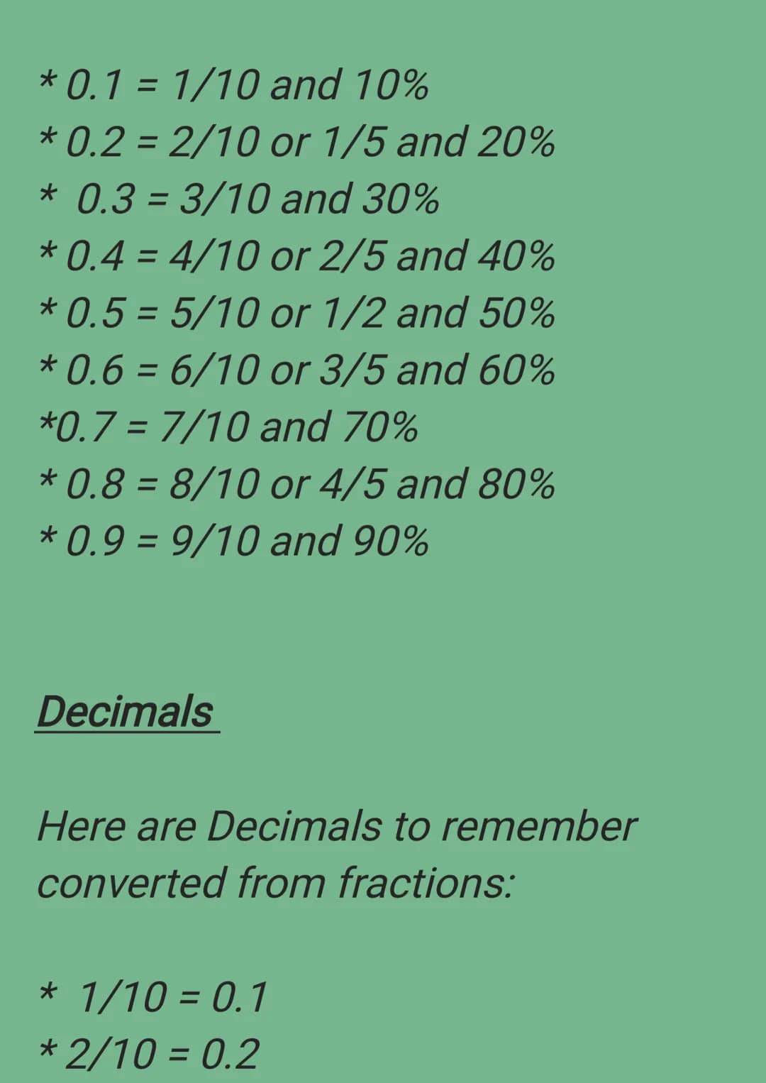 Percentages
* These are easy Percentages to
remember converted from fractions:
* 1/2 = 50%
* 1/5= 20%
* 1/4 = 25%
* 3/4 = 75%
* 1/10 = 10%
*