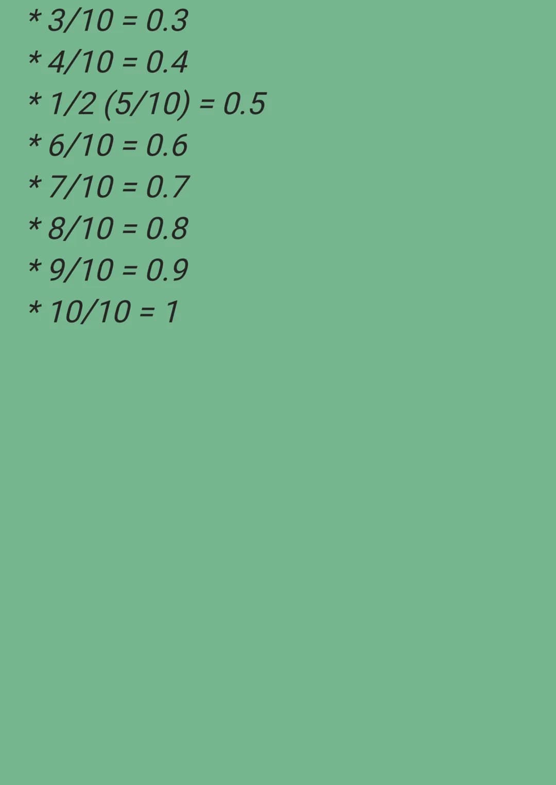 Percentages
* These are easy Percentages to
remember converted from fractions:
* 1/2 = 50%
* 1/5= 20%
* 1/4 = 25%
* 3/4 = 75%
* 1/10 = 10%
*