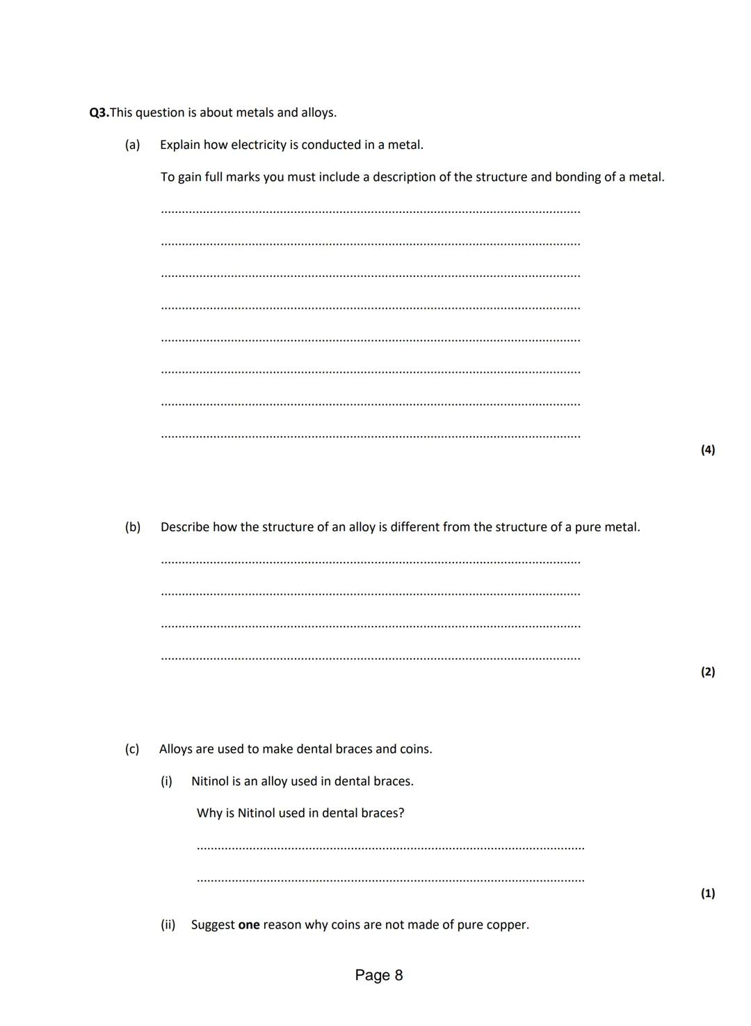 Q1.This question is about different substances and their structures.
(a) Draw one line from each statement to the diagram which shows the st