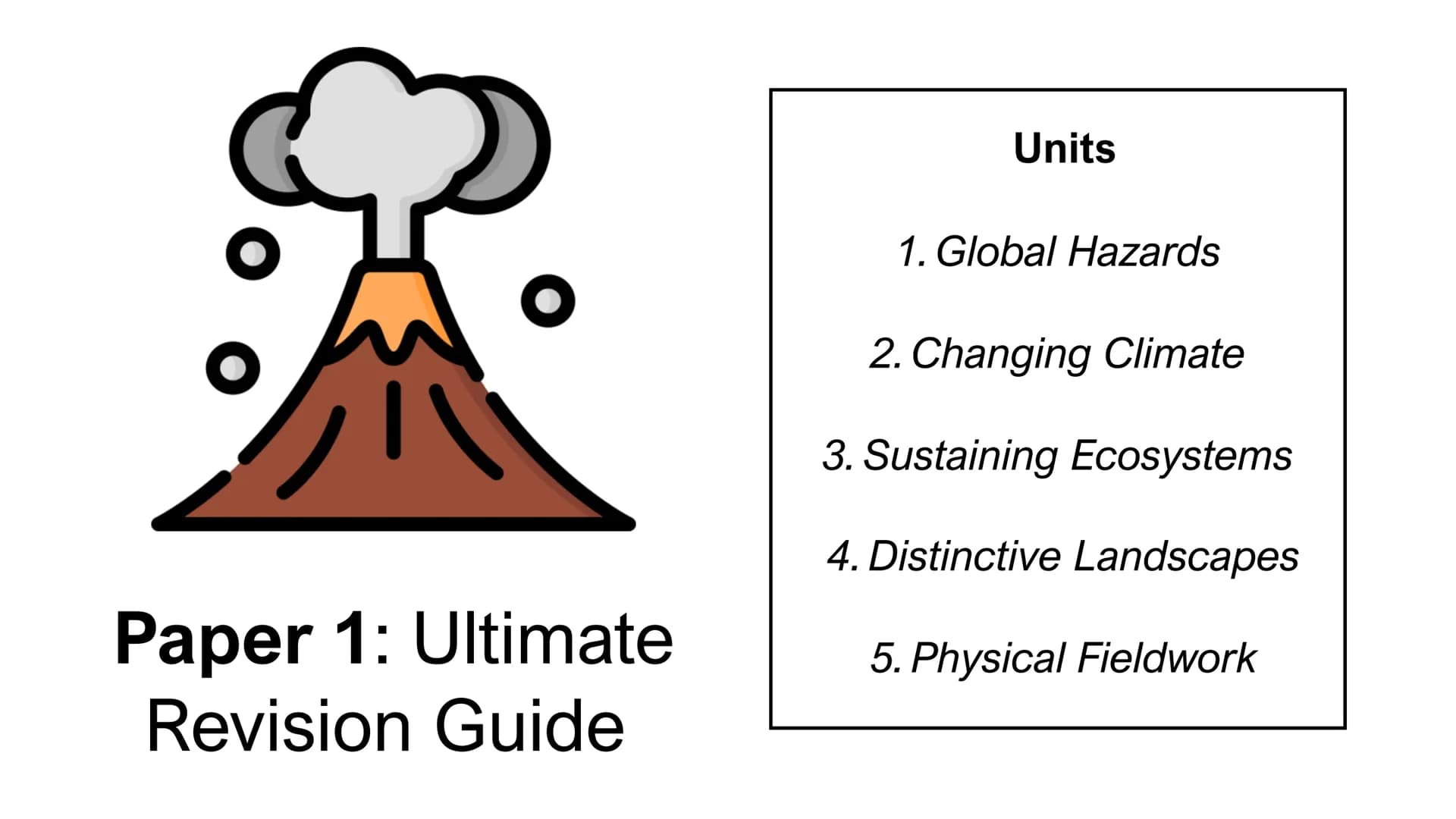 Paper 1: Ultimate
Revision Guide
Units
1. Global Hazards
2. Changing Climate
3. Sustaining Ecosystems
4. Distinctive Landscapes
5. Physical 