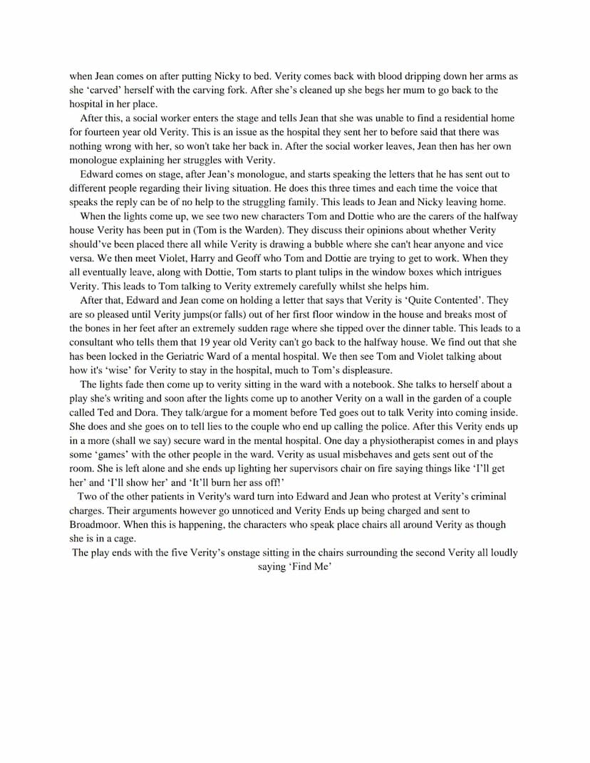 Find Me Synopsis
The play starts with a narrator explaining the criminal charges placed on Verity Taylor (the main
character) and where she 