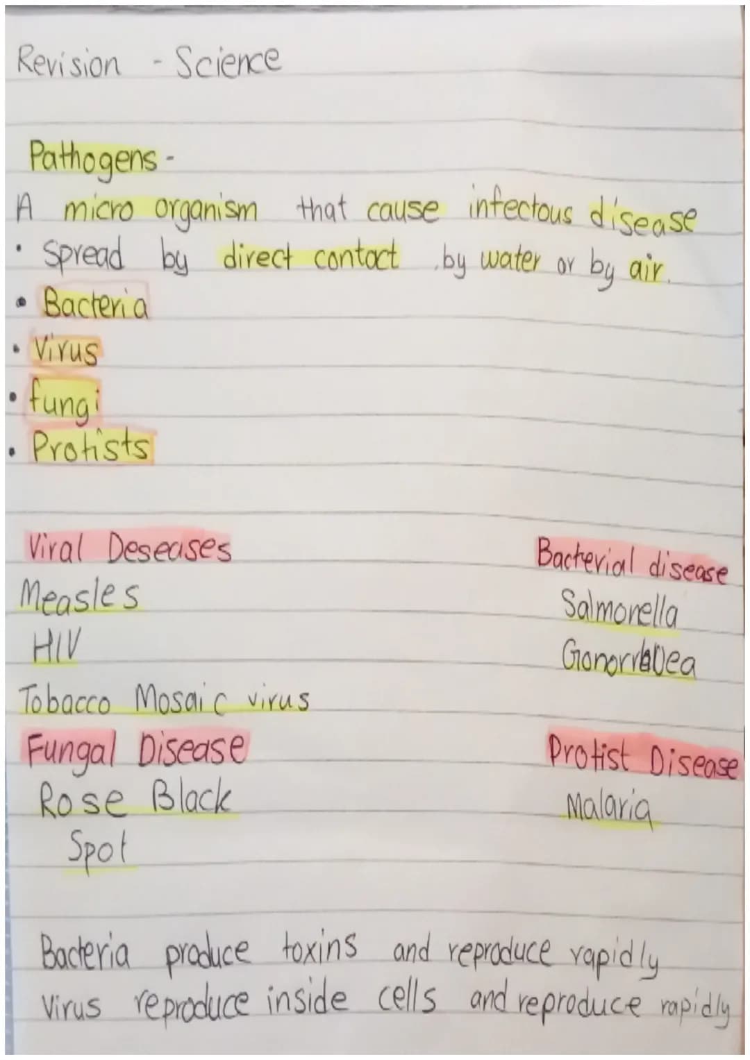 Revision
0
A
• Virus
Pathogens
-
micro organism.
Spread
by
Bacteria
fungi
Protists
-
Science
Bacteria
Virus
that
Viral Deseases
Measles
HIV
