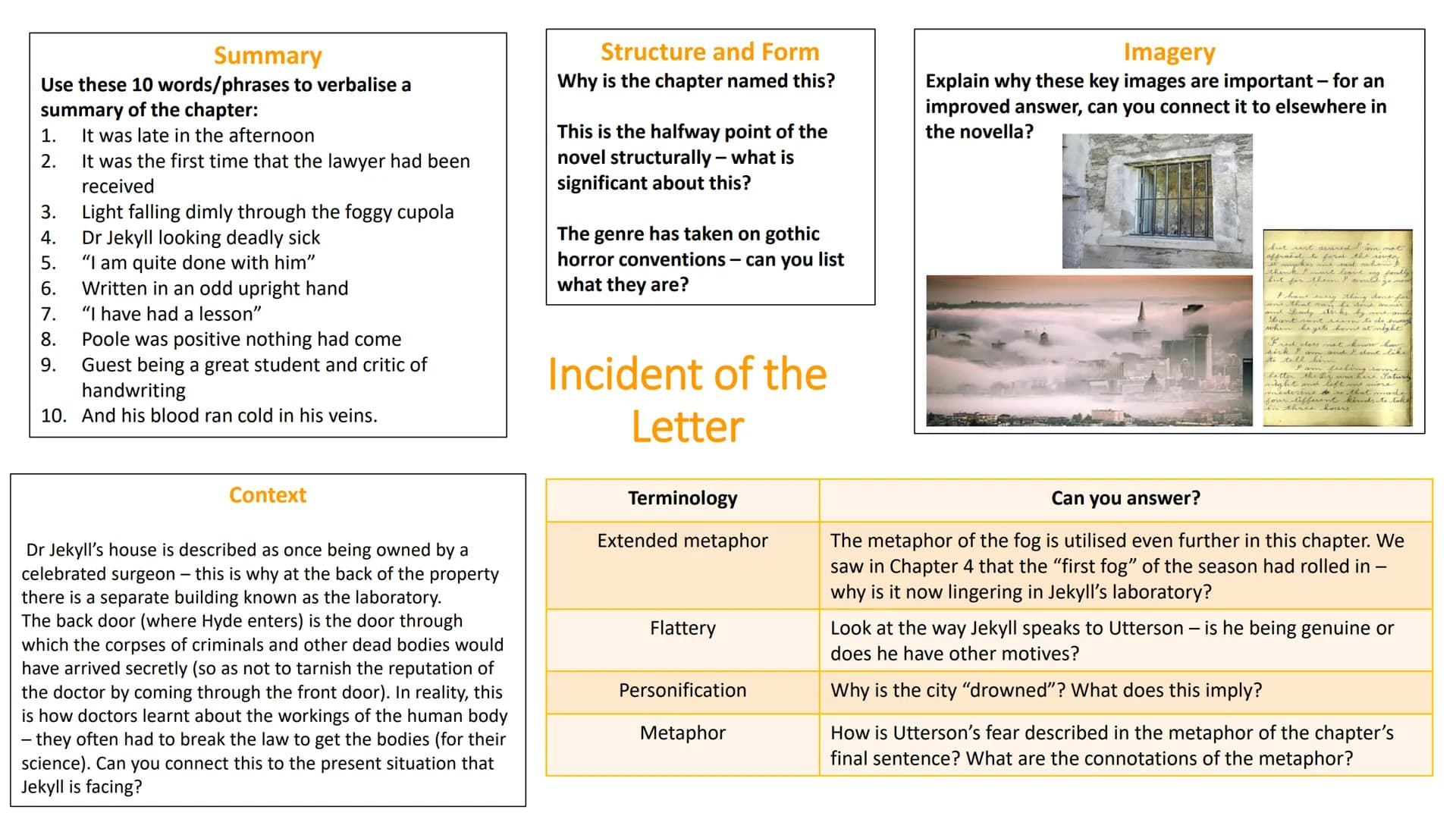 CHAPTER by CHAPTER
The Strange Case of Dr Jekyll & Mr Hyde For each slide/chapter you will
see the following:
Summary
These summaries are ma