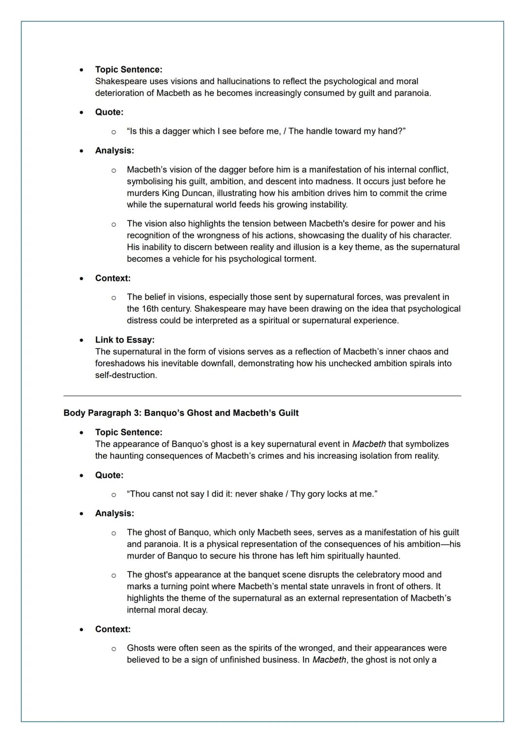 # Essay Plan: The Supernatural in Macbeth

Introduction

- **Thesis Statement:**
In Macbeth, Shakespeare uses the supernatural to influence 
