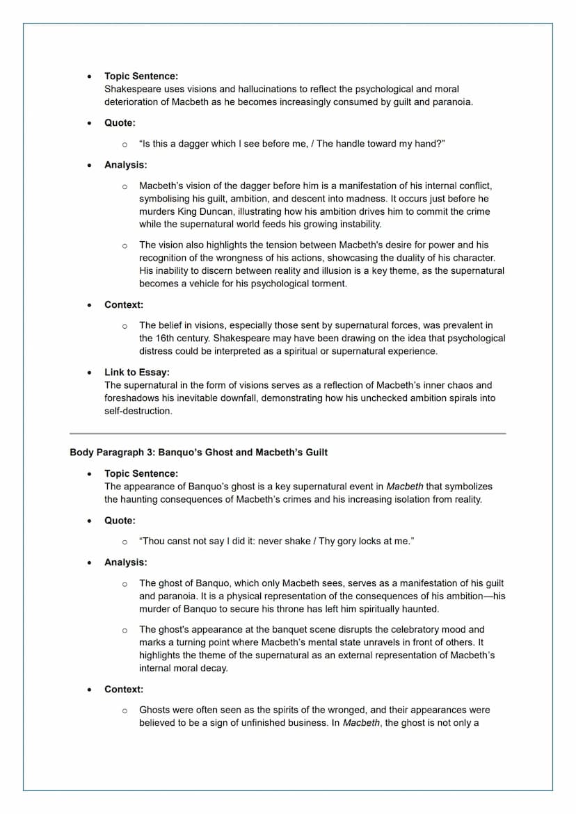# Essay Plan: The Supernatural in Macbeth

Introduction

- **Thesis Statement:**
In Macbeth, Shakespeare uses the supernatural to influence 