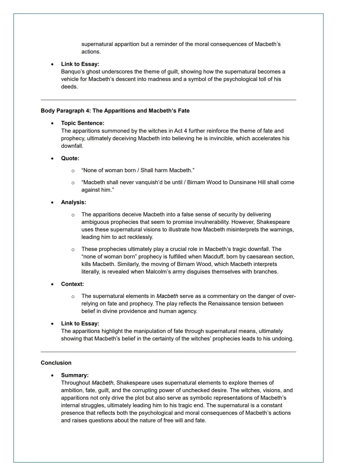 # Essay Plan: The Supernatural in Macbeth

Introduction

- **Thesis Statement:**
In Macbeth, Shakespeare uses the supernatural to influence 