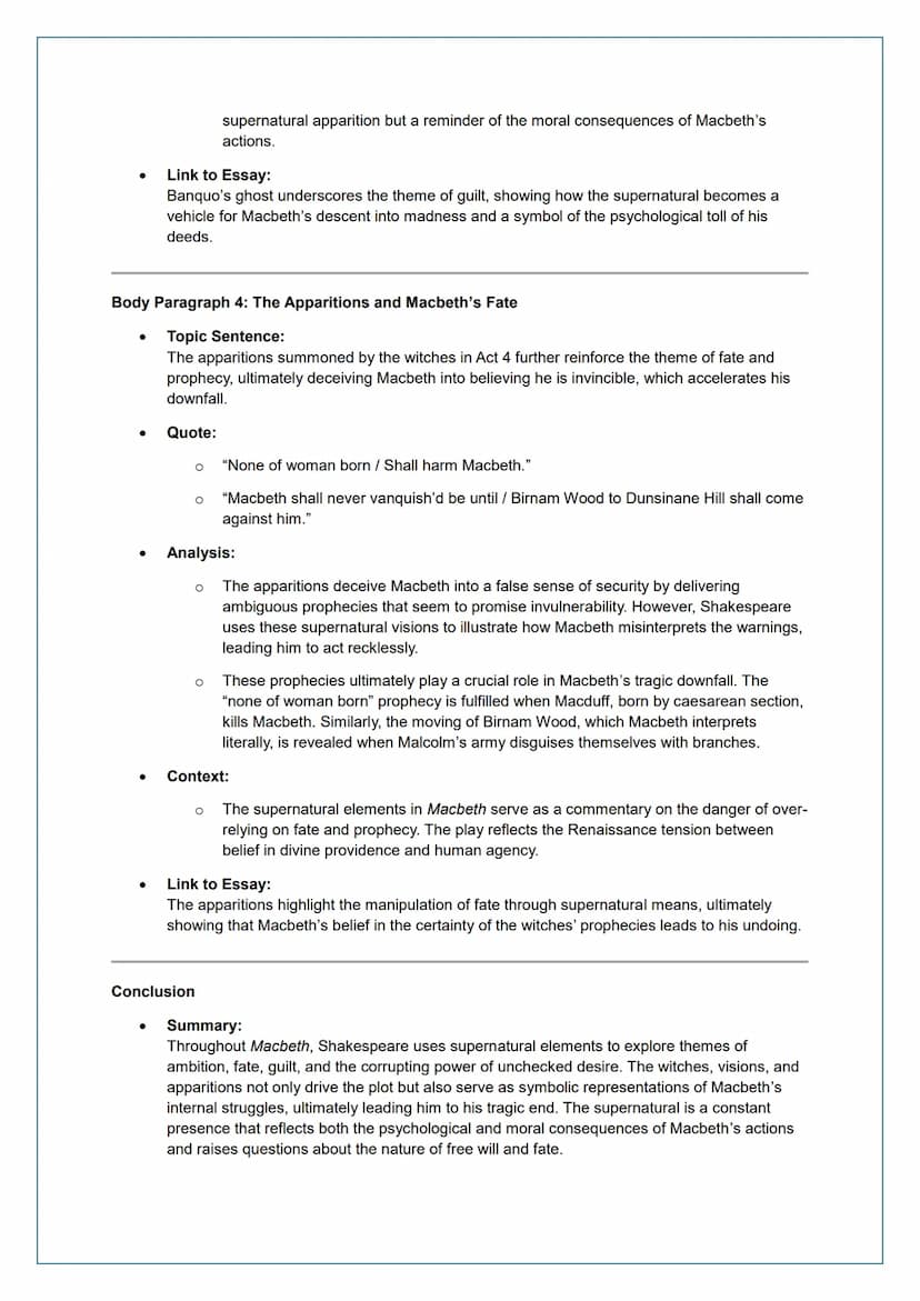 # Essay Plan: The Supernatural in Macbeth

Introduction

- **Thesis Statement:**
In Macbeth, Shakespeare uses the supernatural to influence 