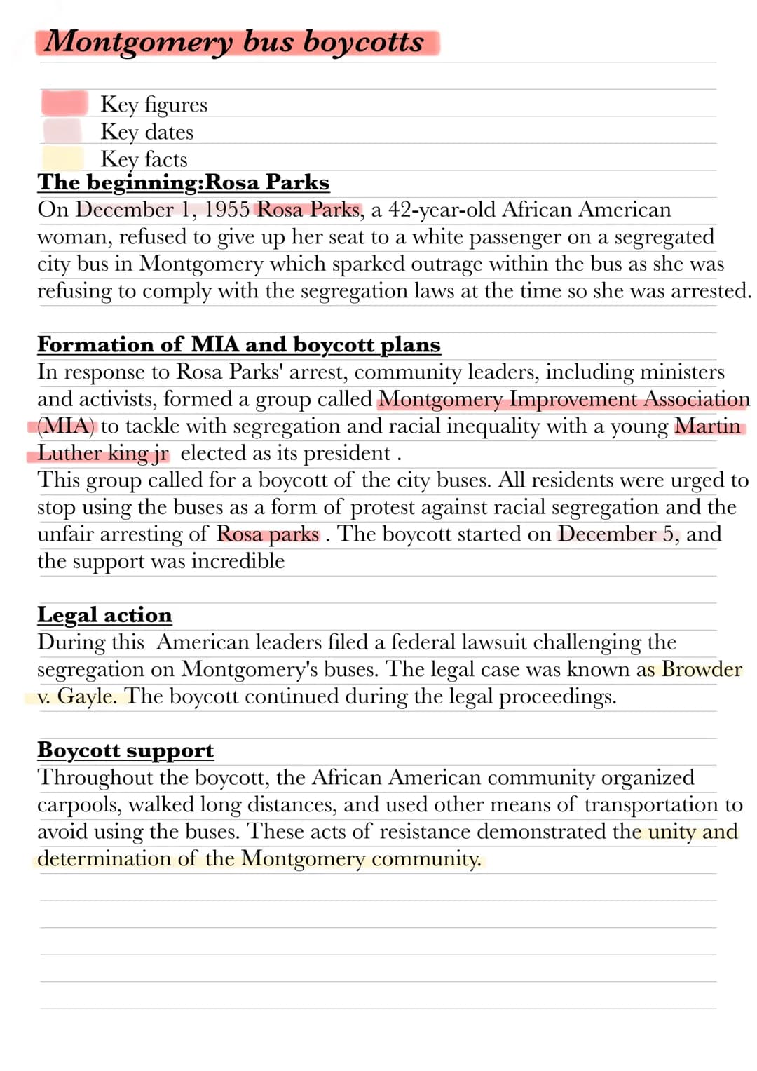Montgomery bus boycotts
Key figures
Key dates
Key facts
The beginning:Rosa
Parks
On December 1, 1955 Rosa Parks, a 42-year-old African Ameri