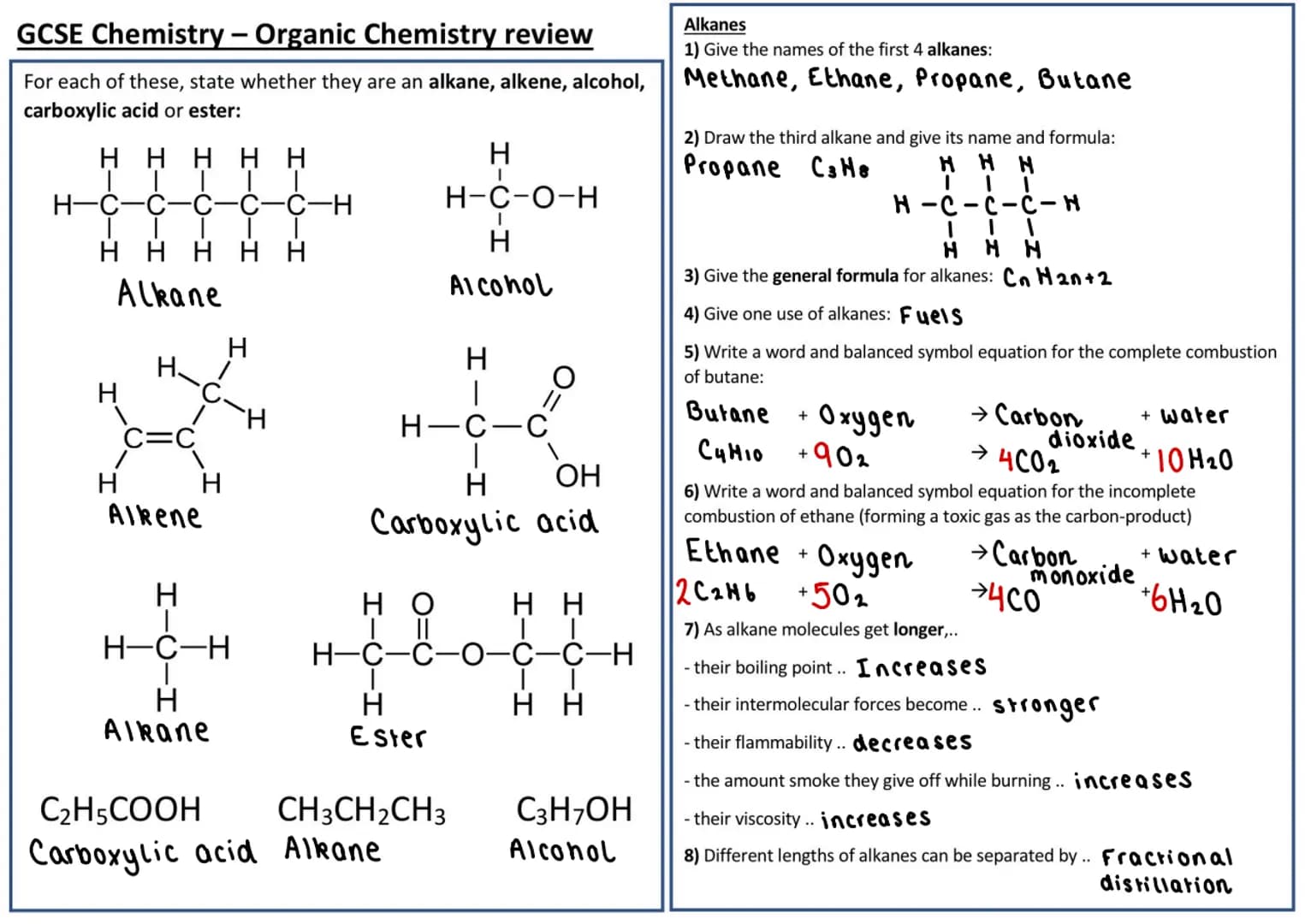 GCSE Chemistry - Organic Chemistry review
For each of these, state whether they are an alkane, alkene, alcohol,
carboxylic acid or ester:
Η 
