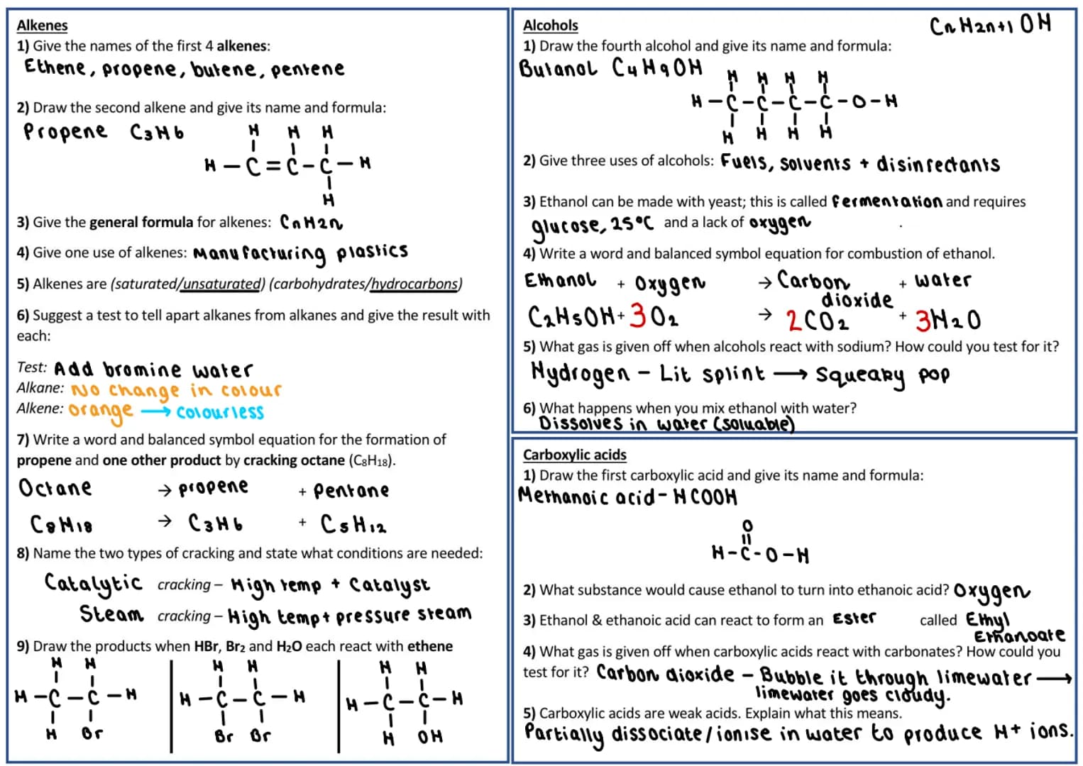 GCSE Chemistry - Organic Chemistry review
For each of these, state whether they are an alkane, alkene, alcohol,
carboxylic acid or ester:
Η 