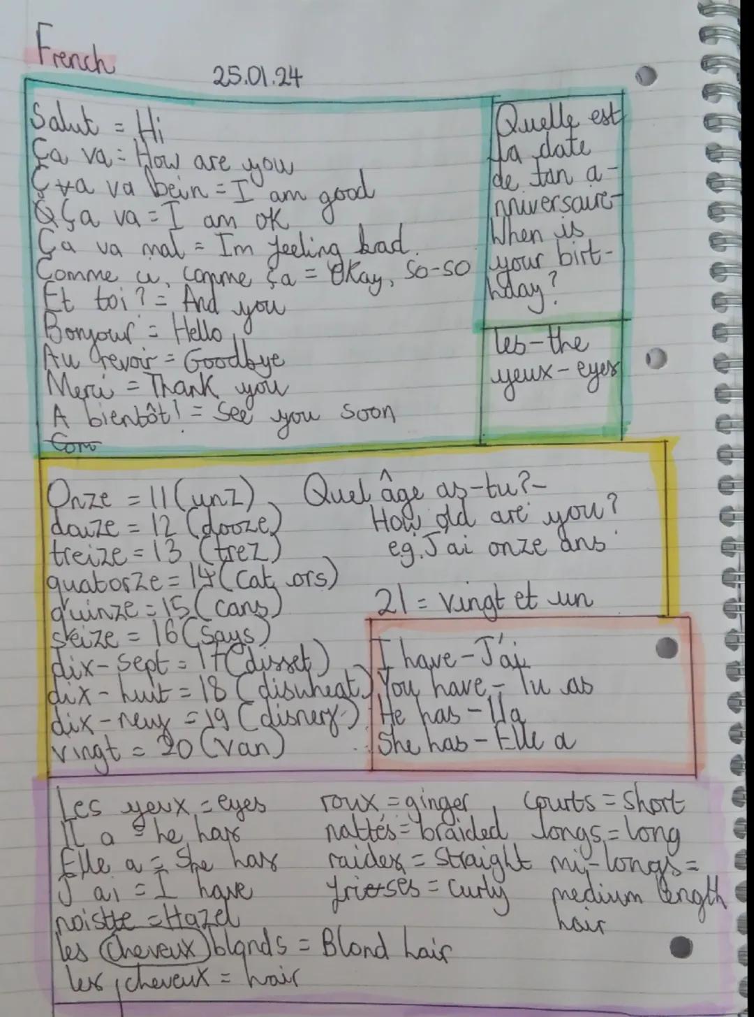 French
Salut = Hi
25.01.24
Ca va: How are you
C+a va bein = I am
Qça va = I am ok
good
Ca va mat = I'm feeling bad.
Quelle est
fa date
de ta