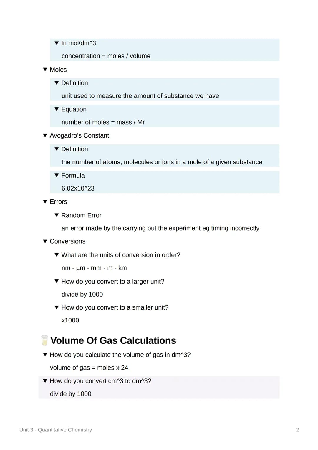 12
34
Unit 3 - Quantitative Chemistry
M Moles
▼ What is the law of conservation of mass?
no atoms are lost or made during a reaction so the 