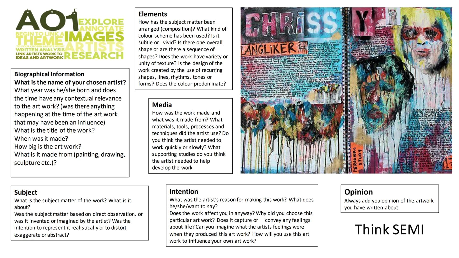 A01
BEGIN TO LINK A
THEME IMAGES
ARTISTS
RESEARCH
TO YOUR CHOSEN ARTISTS WORK
WRITTEN ANALYSIS
LINK ARTISTS WORK TO
IDEAS AND ARTWORK
EXPLOR