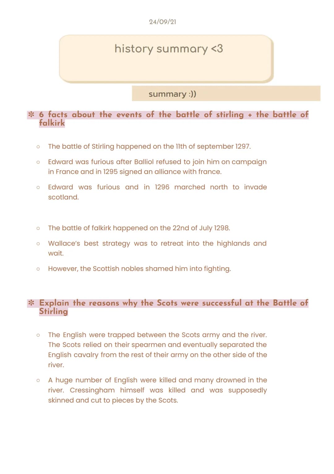 summary :))
* 6 facts about the events of the battle of stirling + the battle of
falkirk
O
The battle of Stirling happened on the 11th of se