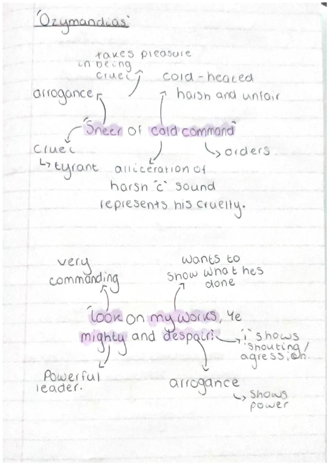 'Ozymandias'
takes pleasure
in being
cruec
1 cold-heated
arrogance
harsh and unfair
Sneer of cold command
ل
alliceration of
harsh 'c' sound
