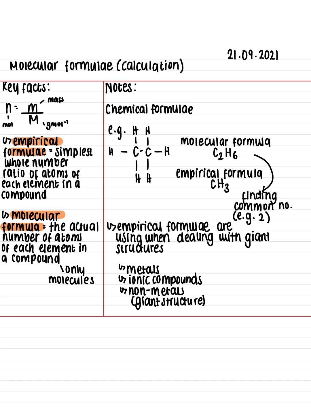 Molecular formulae (calculation)
Key facts:
n = m
1
M
mol
- mass
'gmoi"
us empirical
formulae simplest
whole number
ratio of atoms of
each e