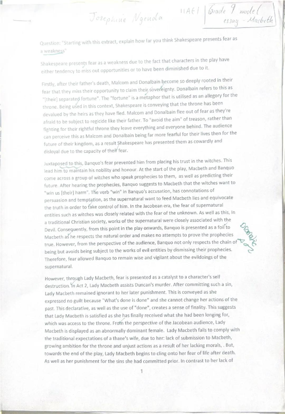 11AEI Grade 9 mode (
Josephine Ngenda
essay - Macbeth
Question: "Starting with this extract, explain how far you think Shakespeare presents 