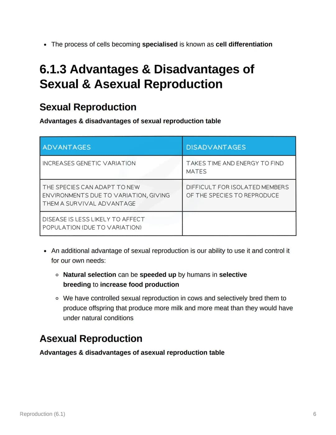 Reproduction (6.1)
6.1.1 Sexual & Asexual Reproduction
Mitosis & Meiosis
• Mitosis is a type of nuclear division that gives rise to cells th