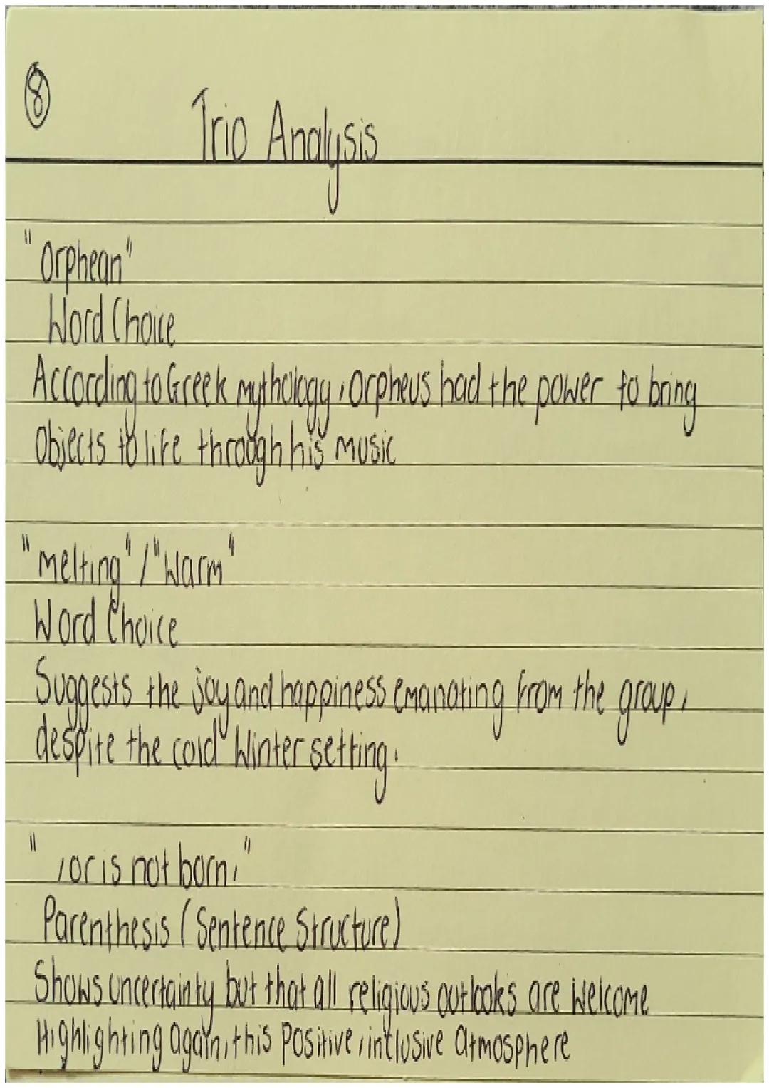 The Analysis
"trio"
Word Choice
Connotations of three people playing music together /in harmony
With one / three kings / Wise men from the N