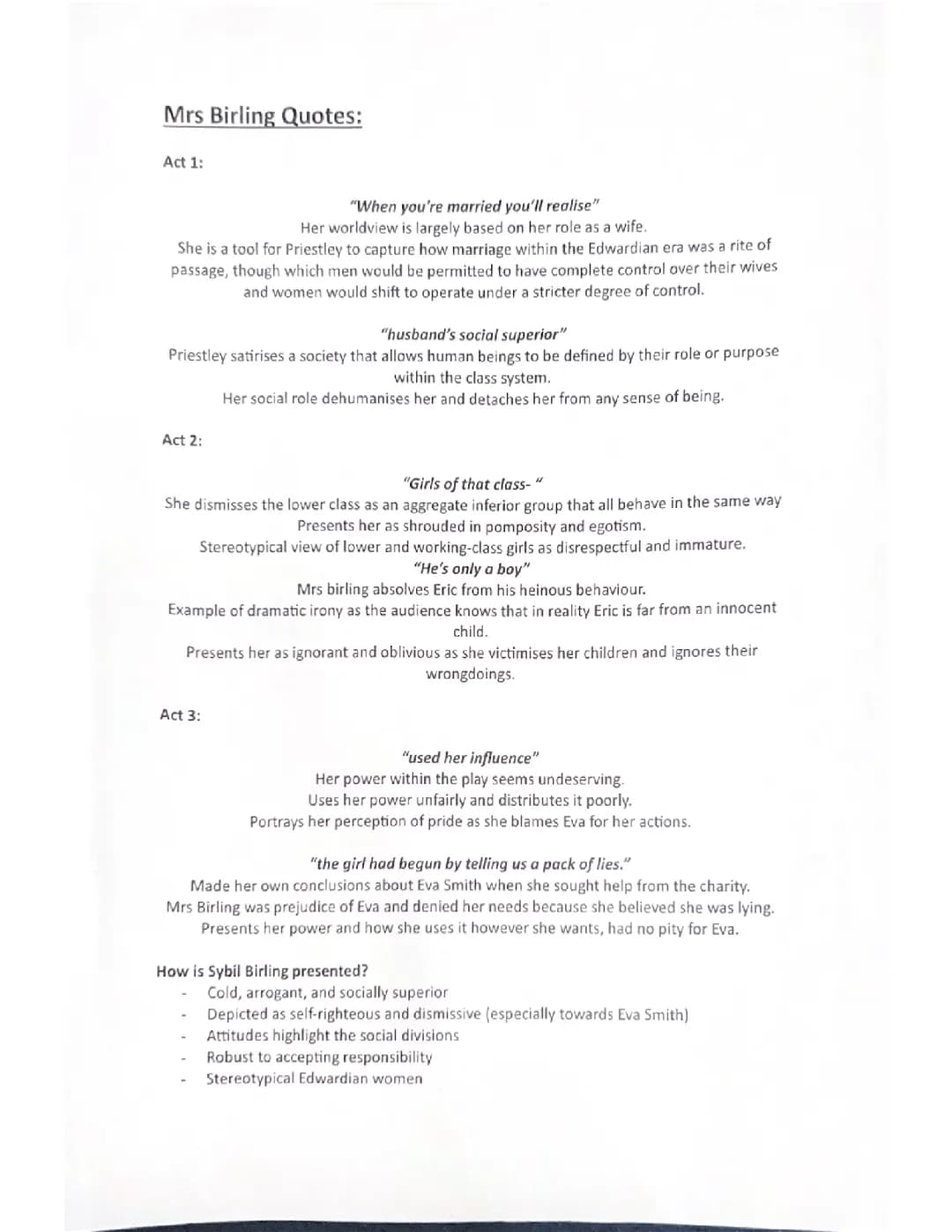 Grade 9 Sybil Birling Analysis