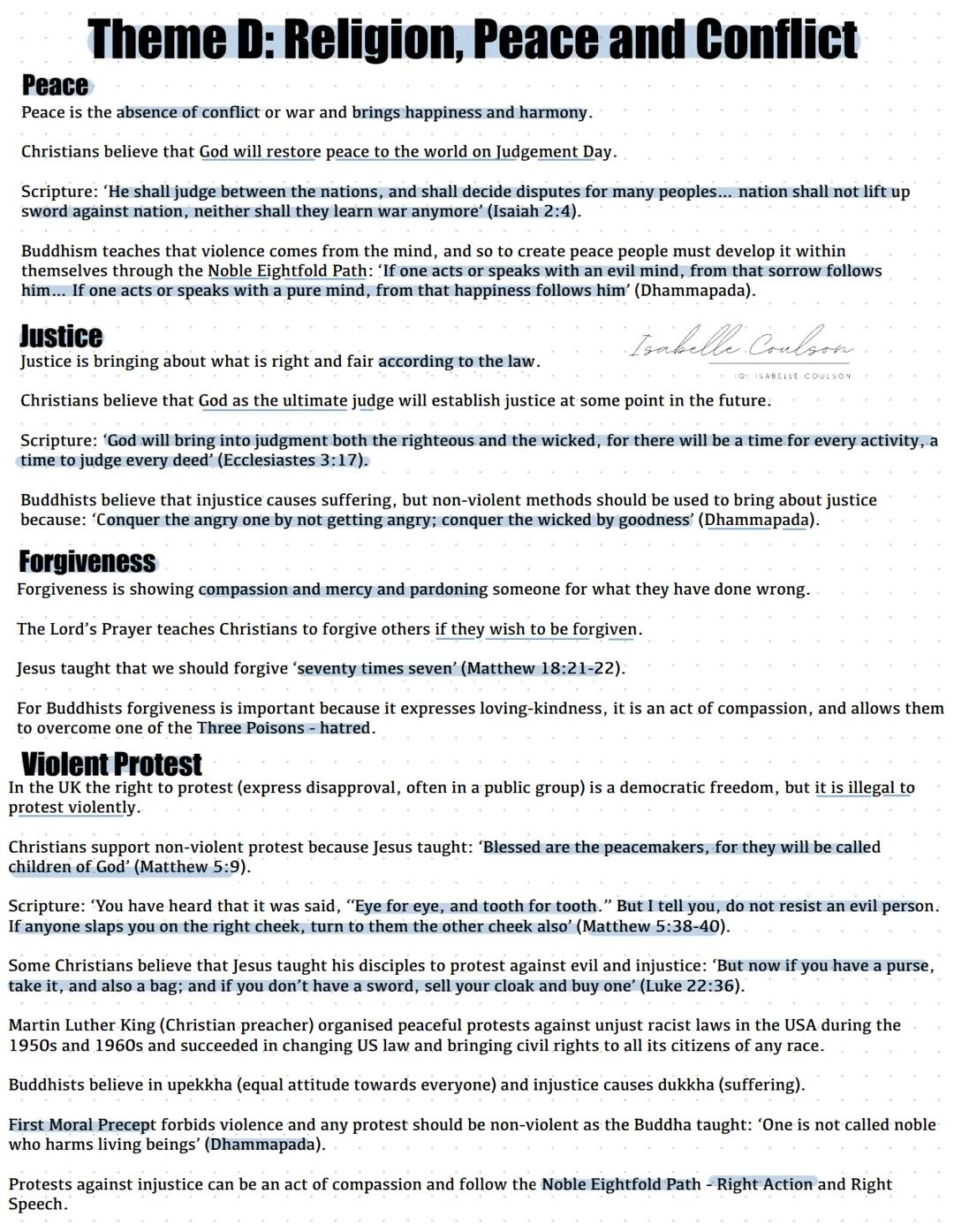 Theme D: Religion, Peace and Conflict
Peace
Peace is the absence of conflict or war and brings happiness and harmony.
Christians believe tha