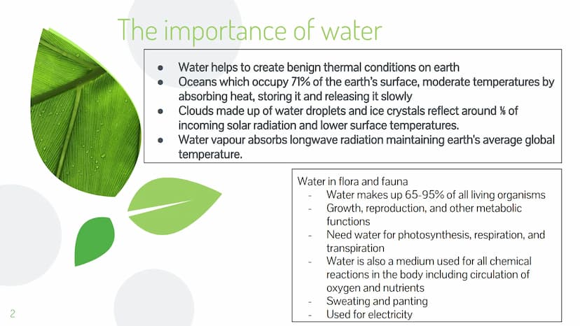 
<p>Water is a crucial component in creating benign thermal conditions on earth. Oceans occupy 71% of the earth's surface, moderating temper
