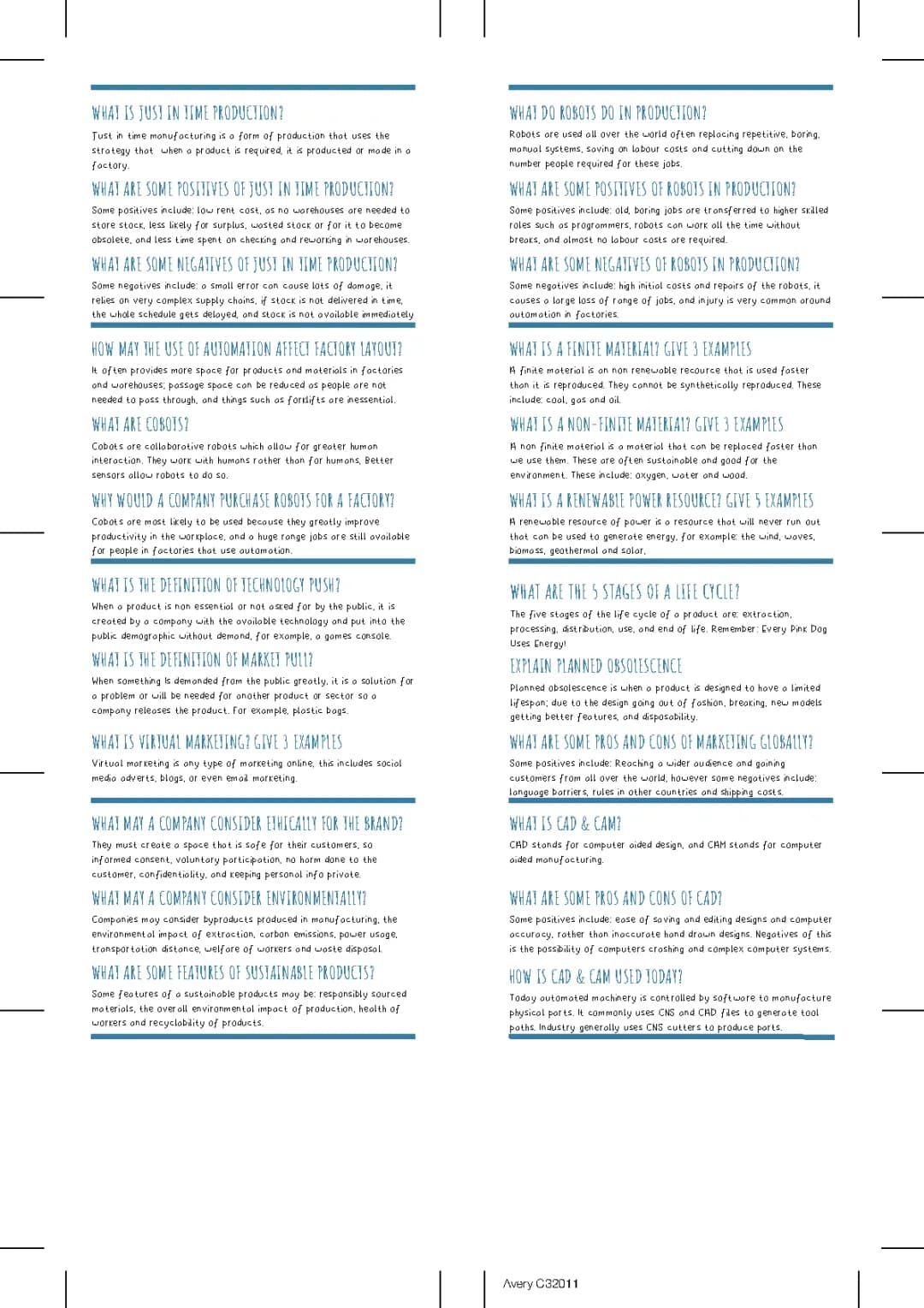 AQA DT Flashcards - Just-in-Time Pros & Cons, Crowdfunding, Cobots, and More!
