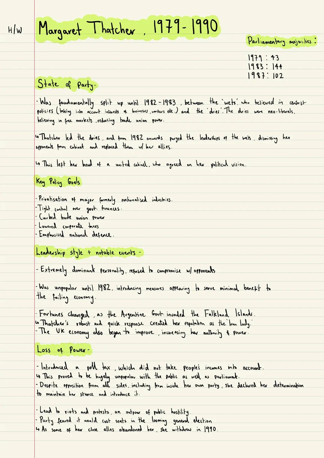 # Margaret Thatcher
Case Study H/W Margaret Thatcher, 1979-1990

State of Party-

Parliamentary majorities:
1979: 43
1983: 144
1987:102

-Wa