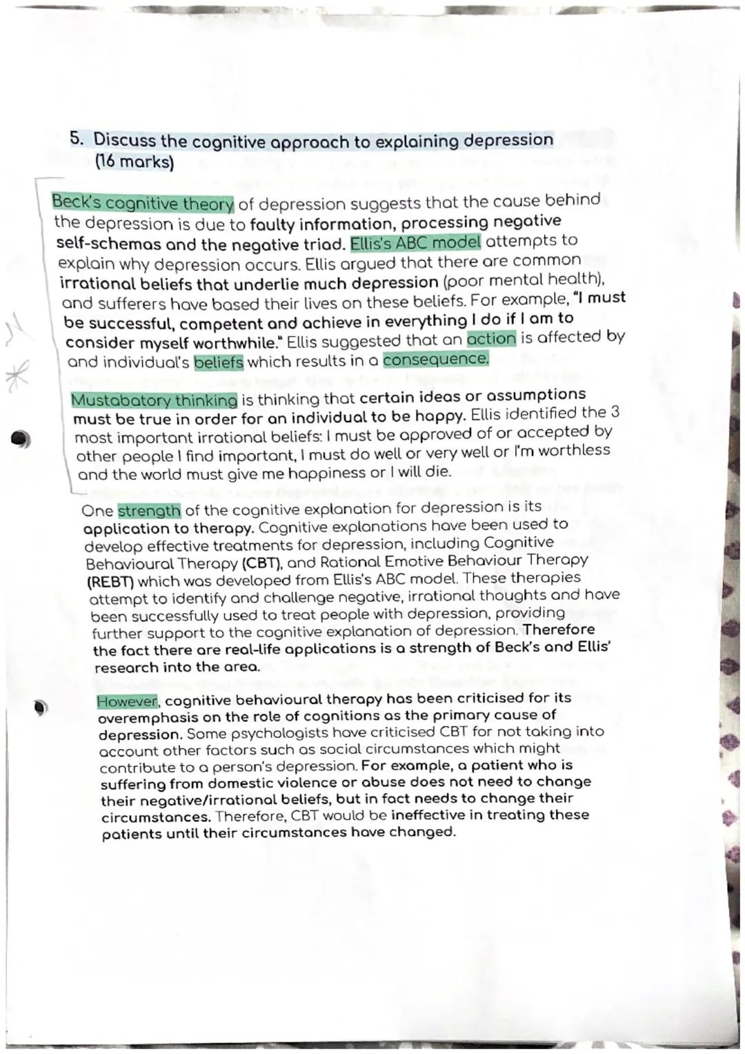 The cognitive approach to explaining depression 16 marker