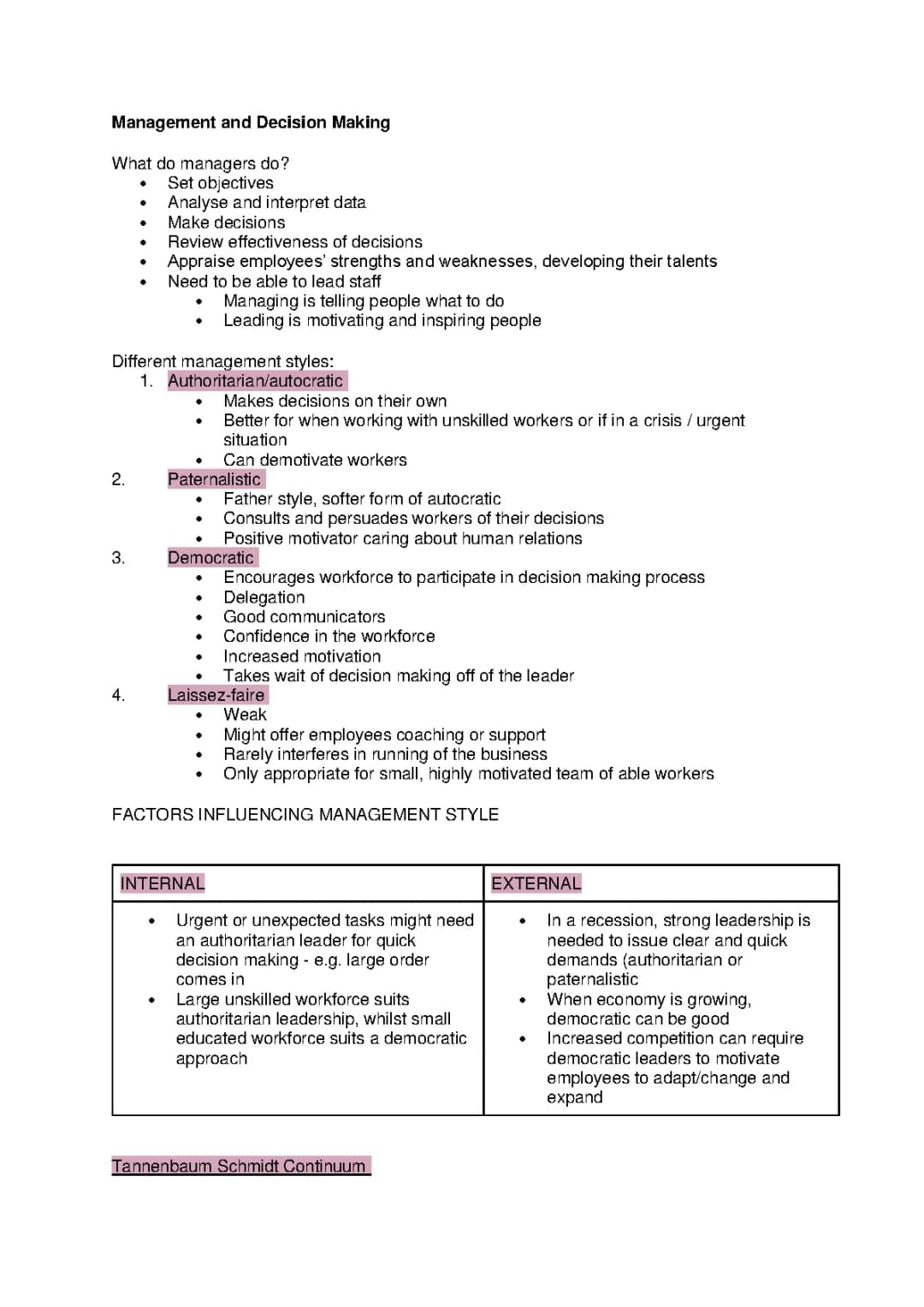 A Level Business Management Styles and Decision Making for AQA (Unit 2)