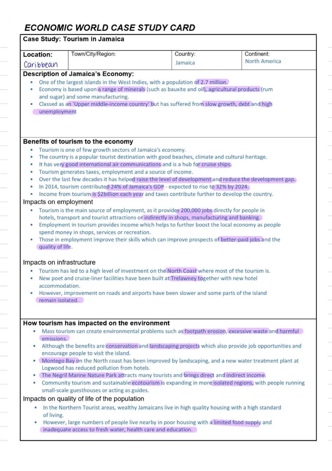 # ECONOMIC WORLD CASE STUDY CARD
Case Study: Tourism in Jamaica

Location:
Town/City/Region:
Country:
Continent:
Caribbean
Jamaica
North Ame