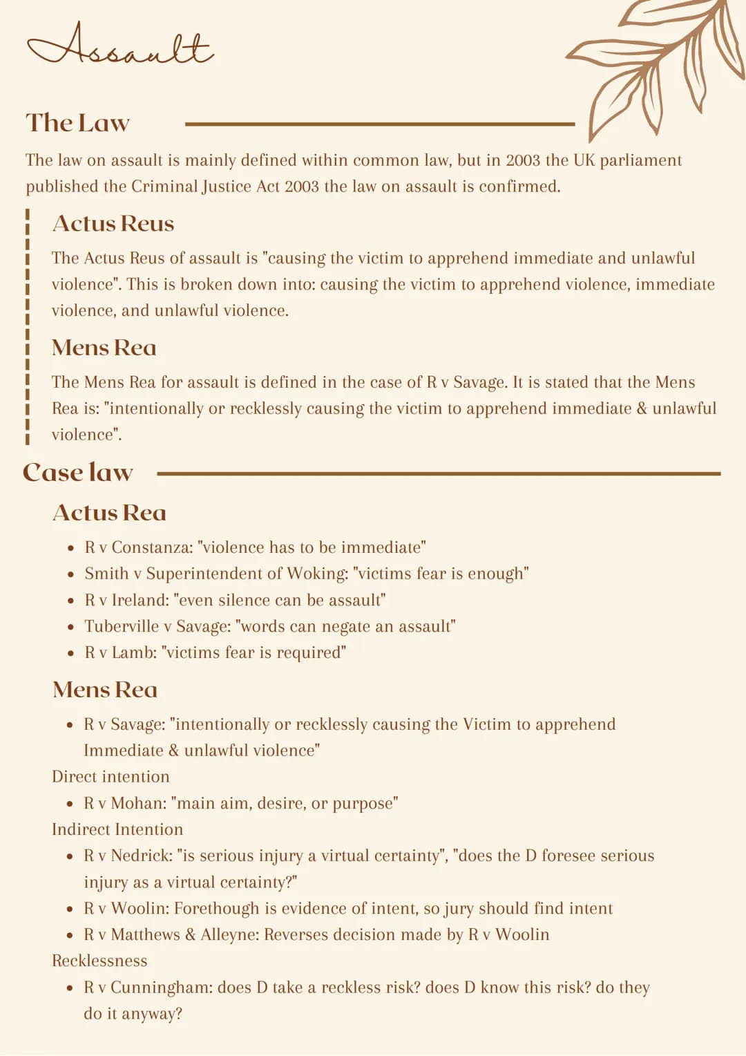 Non fatal
offenses
against
the
person Assault
The Law
The law on assault is mainly defined within common law, but in 2003 the UK parliament
