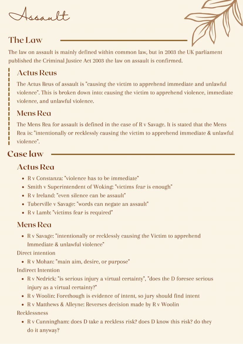 Non fatal
offenses
against
the
person Assault
The Law
The law on assault is mainly defined within common law, but in 2003 the UK parliament
