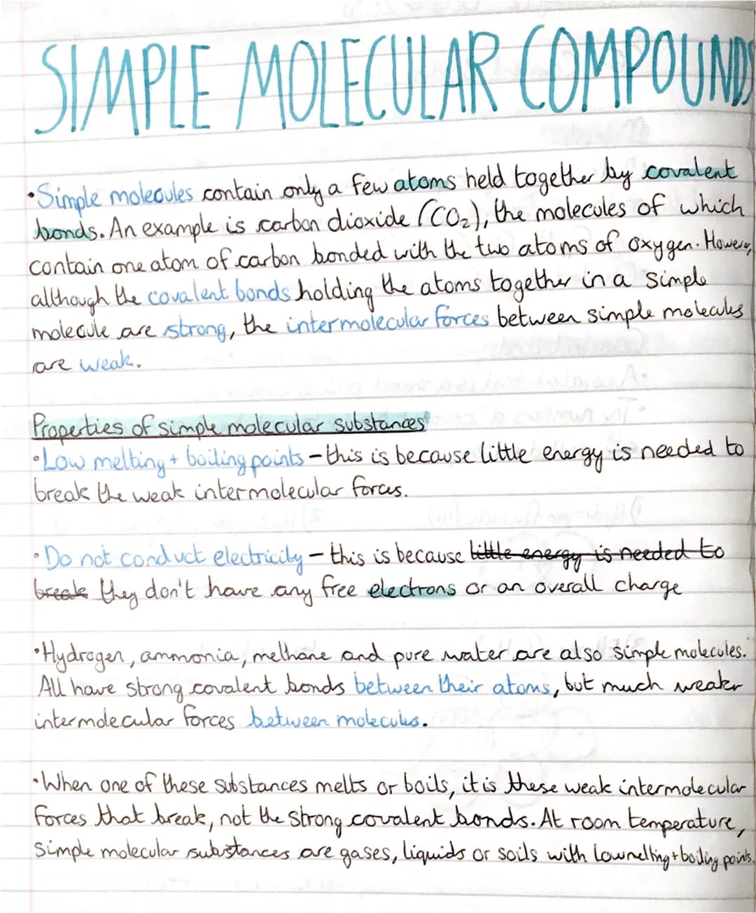 
<p>Simple molecular compounds are made up of only a few atoms held together by covalent bonds. An example of a simple molecular compound is