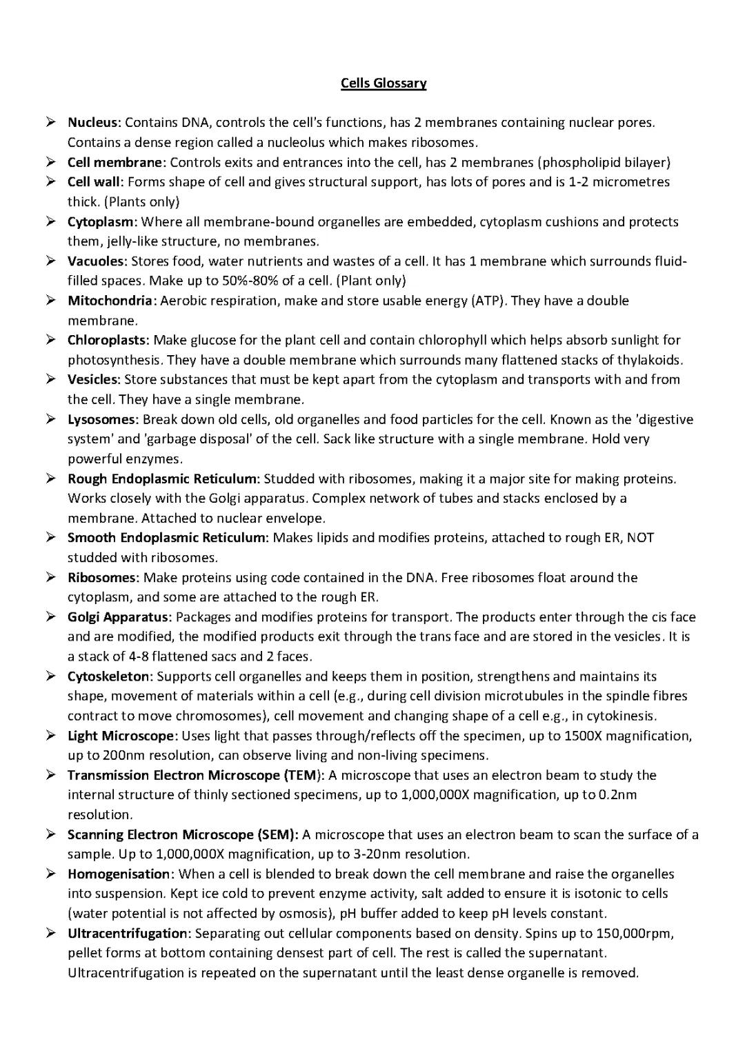 Cells Glossary