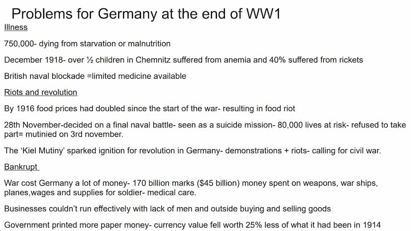 Hitler and Nazi Germany
1919-1939 Problems for Germany at the end of WW1
Navy Blockage
Government and economy relied on imports of food and 