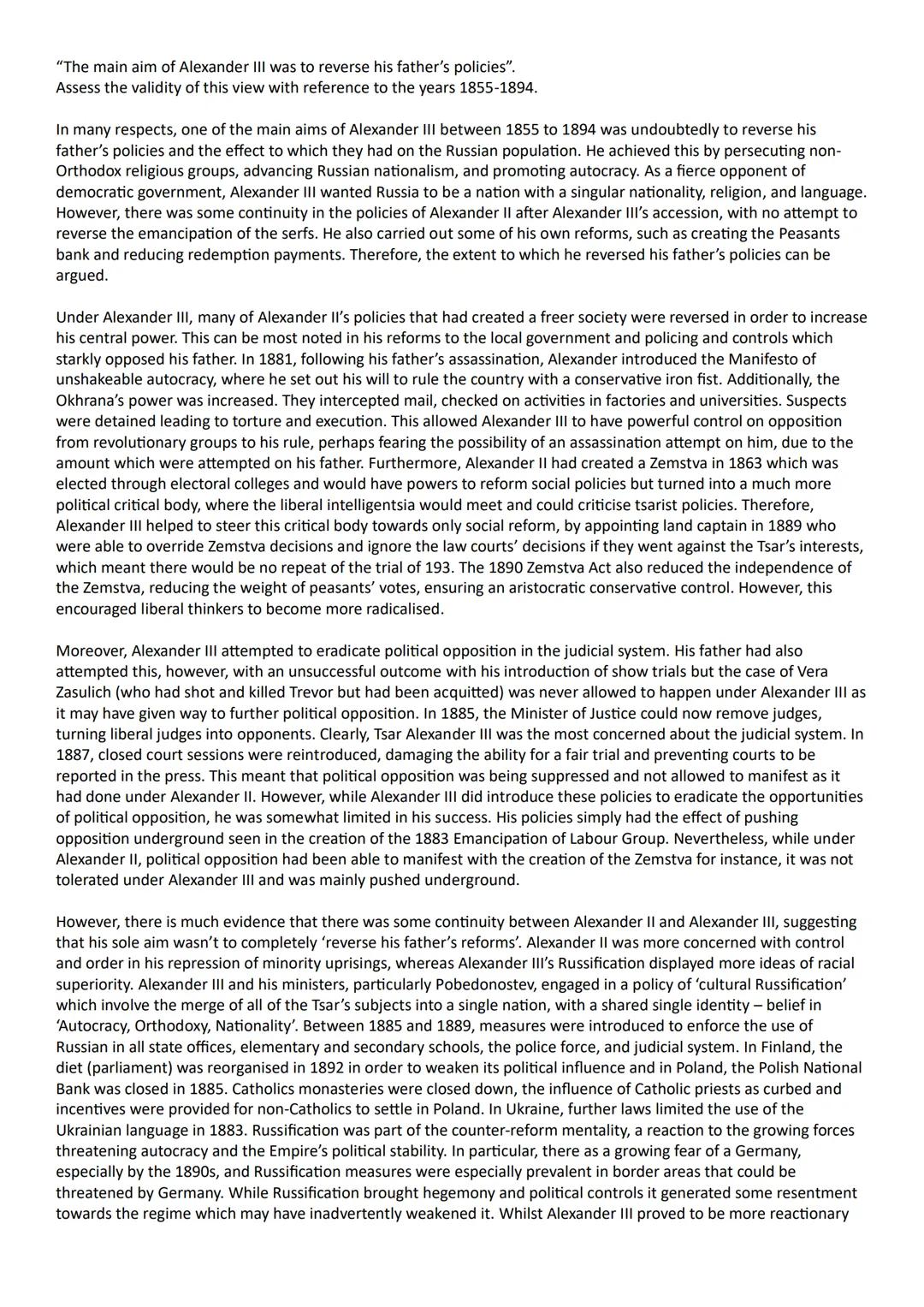 Alexander II's and III’s Reforms and Policies Essay