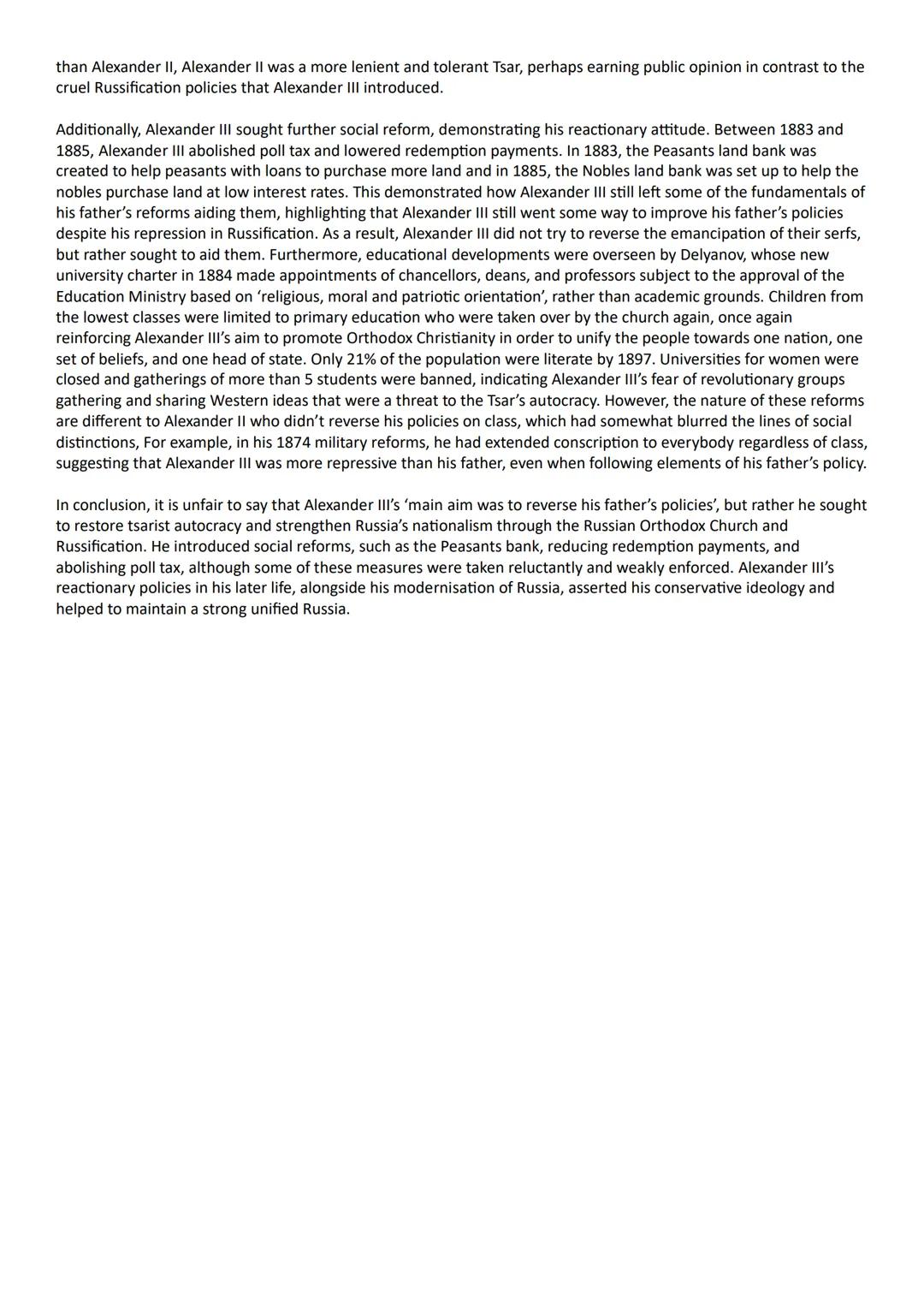 "The main aim of Alexander III was to reverse his father's policies".
Assess the validity of this view with reference to the years 1855-1894