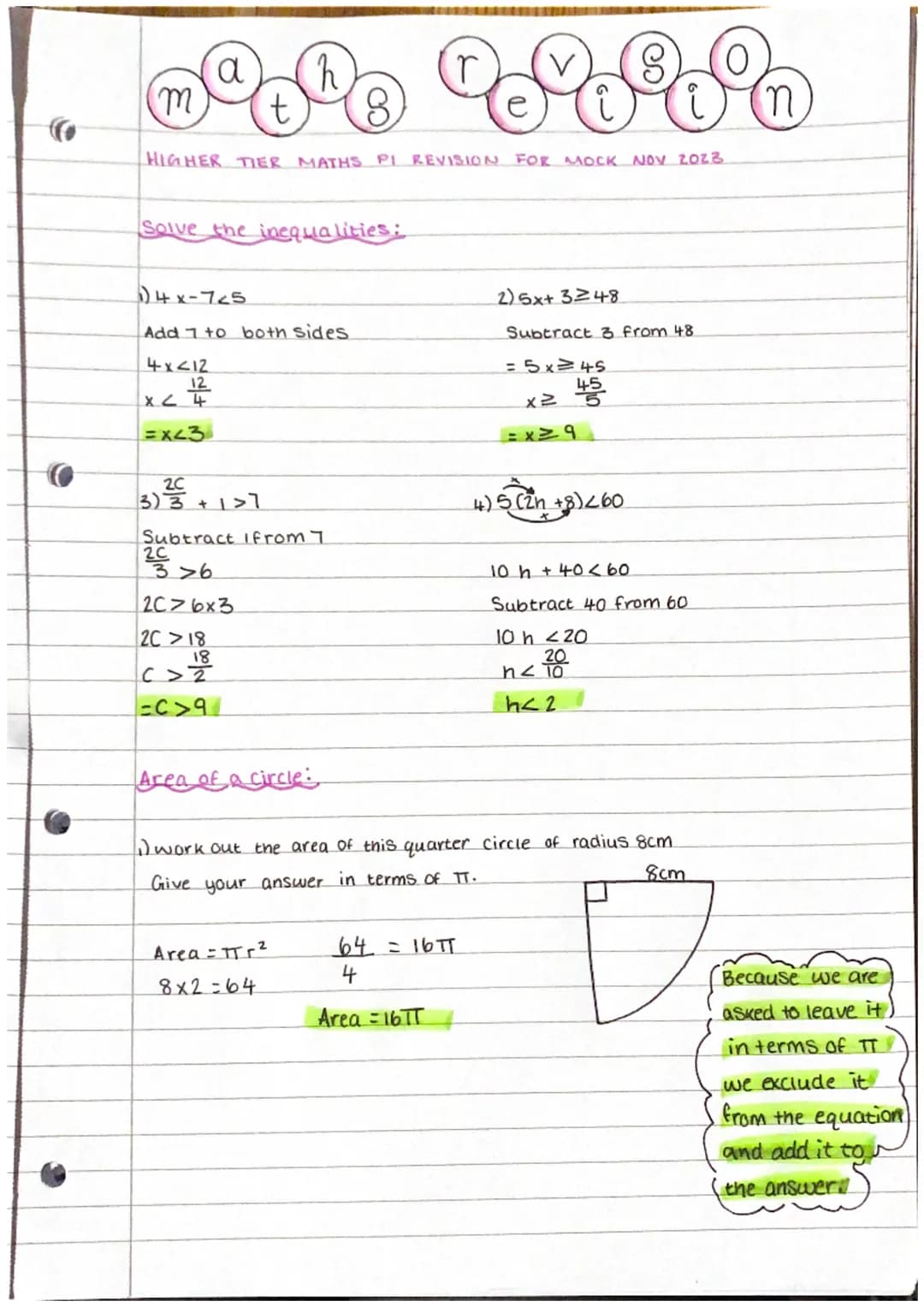 m
2C
3) 3
a
Solve the inequalities:
HIGHER TIER MATHS PI REVISION FOR MOCK NOV 2023
14x-725
Add 7 to both sides
4x<12
12
x < 4
=x43
2C
t
+1>